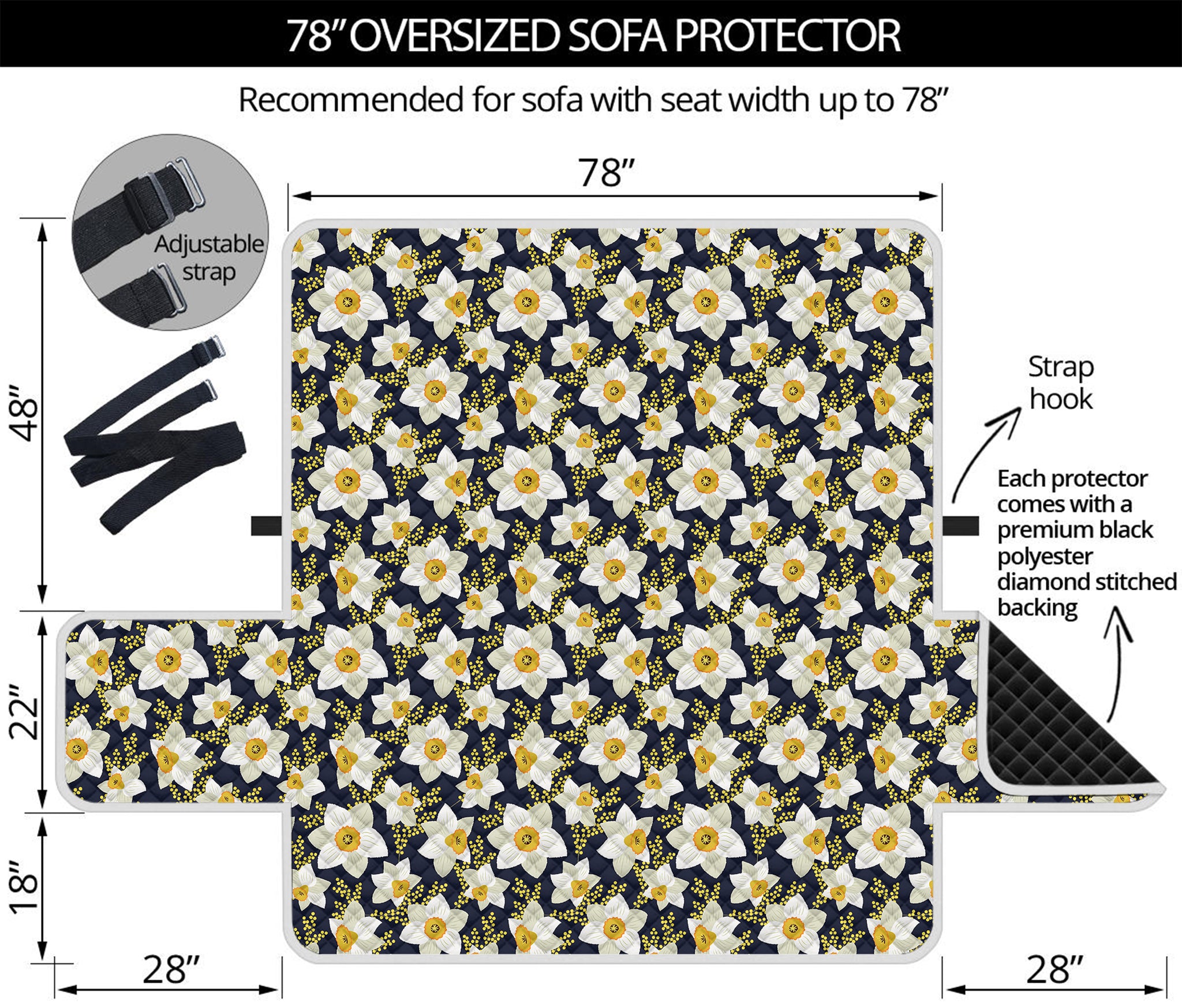 White Daffodil Flower Pattern Print Oversized Sofa Protector
