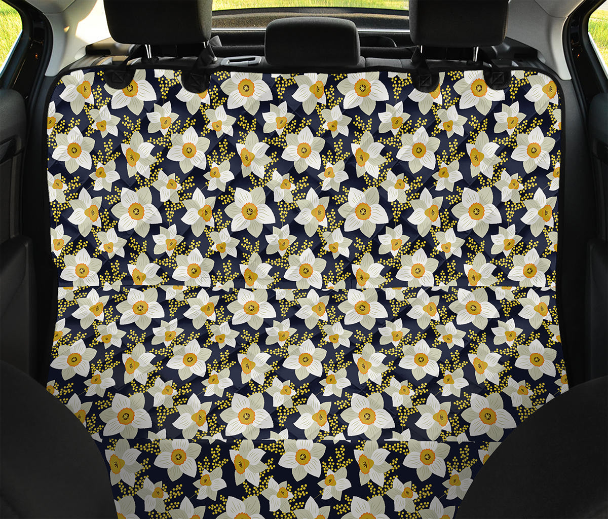 White Daffodil Flower Pattern Print Pet Car Back Seat Cover