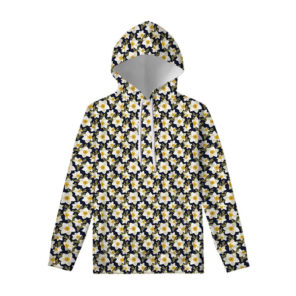 White Daffodil Flower Pattern Print Pullover Hoodie