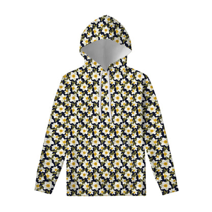 White Daffodil Flower Pattern Print Pullover Hoodie