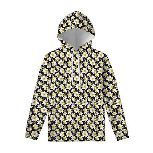 White Daffodil Flower Pattern Print Pullover Hoodie