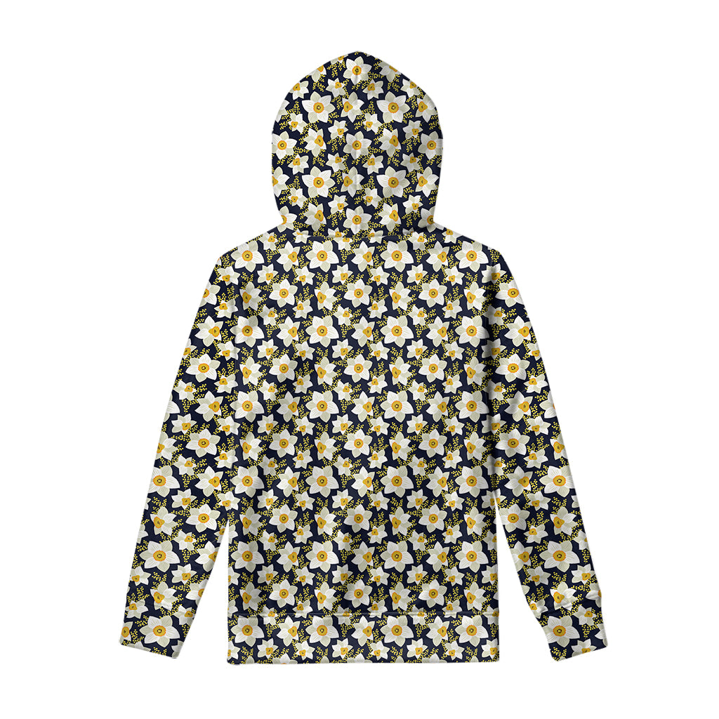 White Daffodil Flower Pattern Print Pullover Hoodie