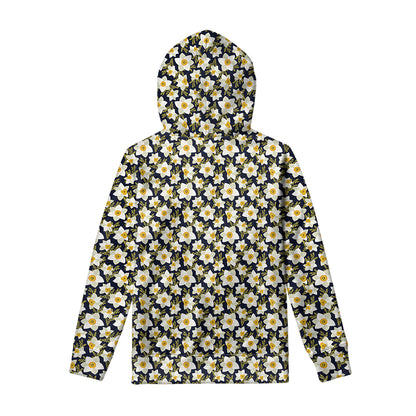 White Daffodil Flower Pattern Print Pullover Hoodie