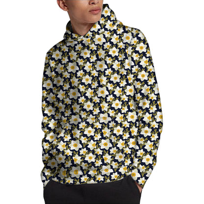 White Daffodil Flower Pattern Print Pullover Hoodie