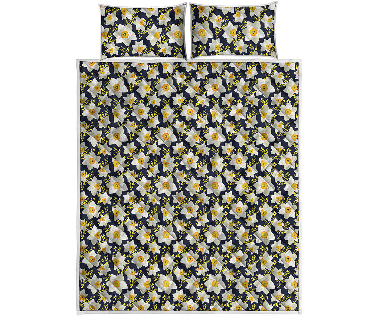 White Daffodil Flower Pattern Print Quilt Bed Set