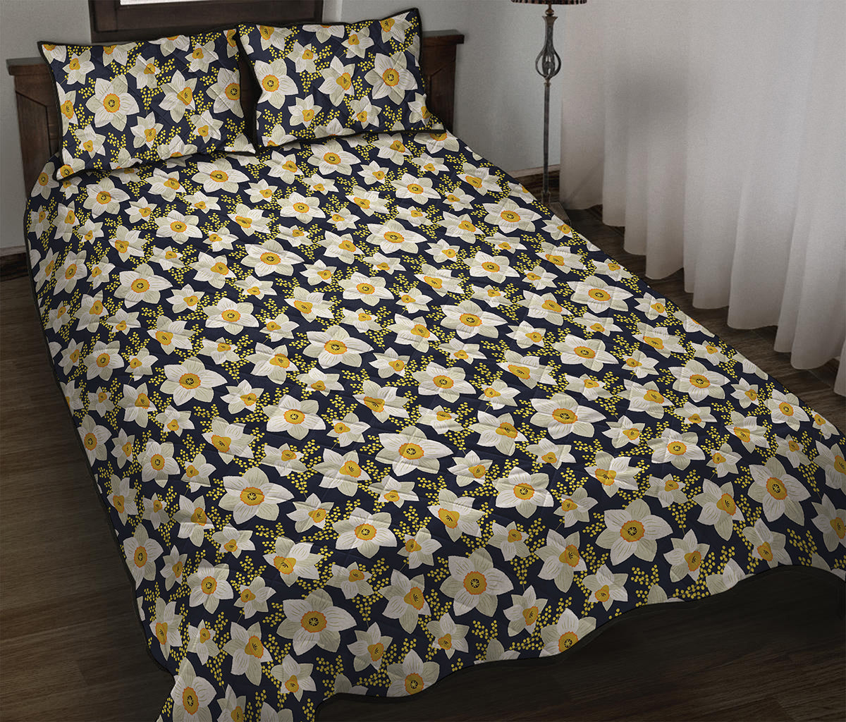 White Daffodil Flower Pattern Print Quilt Bed Set