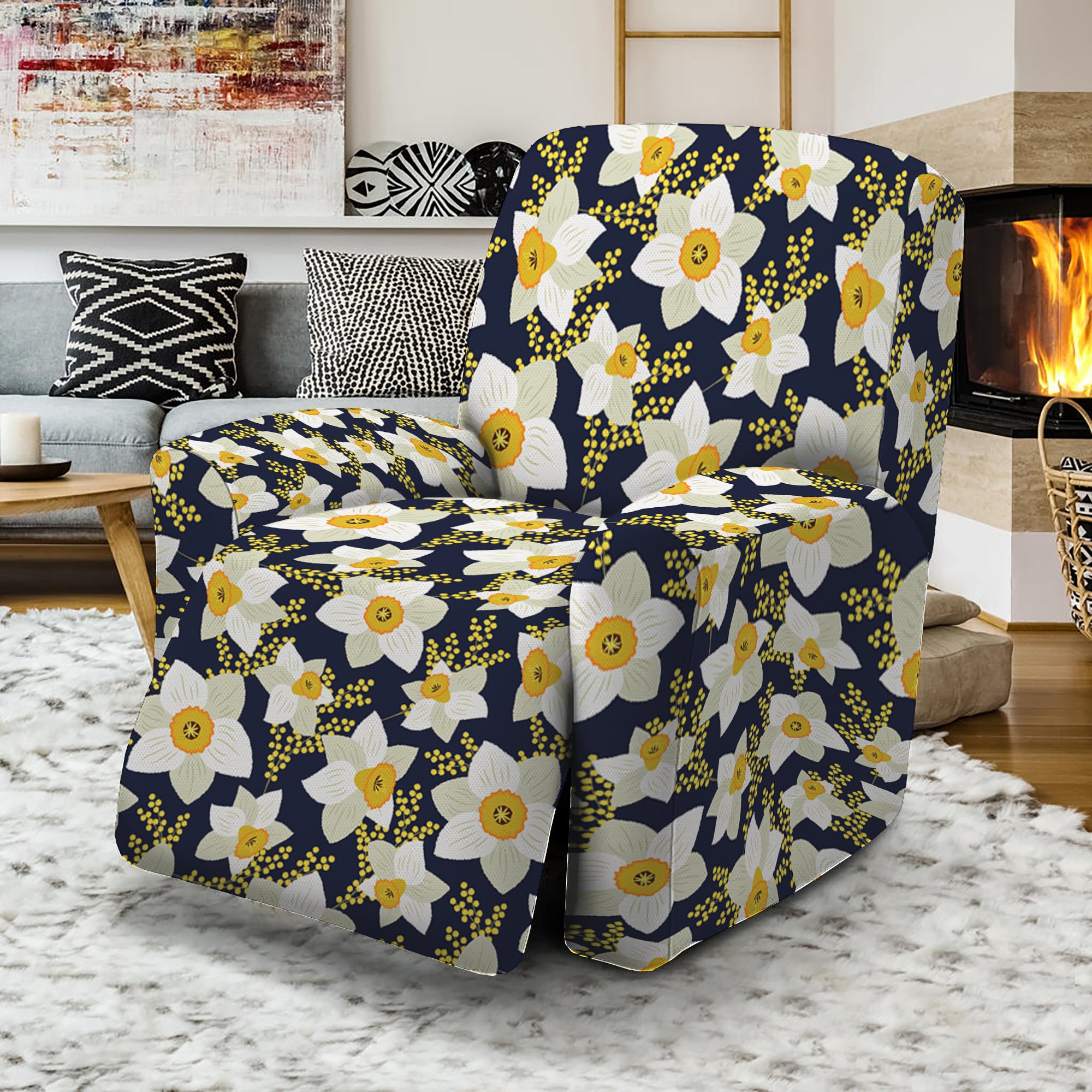 White Daffodil Flower Pattern Print Recliner Slipcover