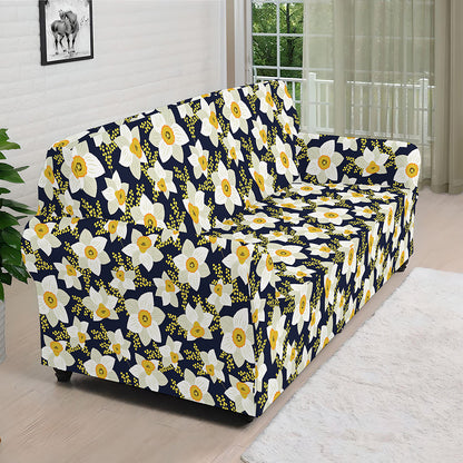 White Daffodil Flower Pattern Print Sofa Cover