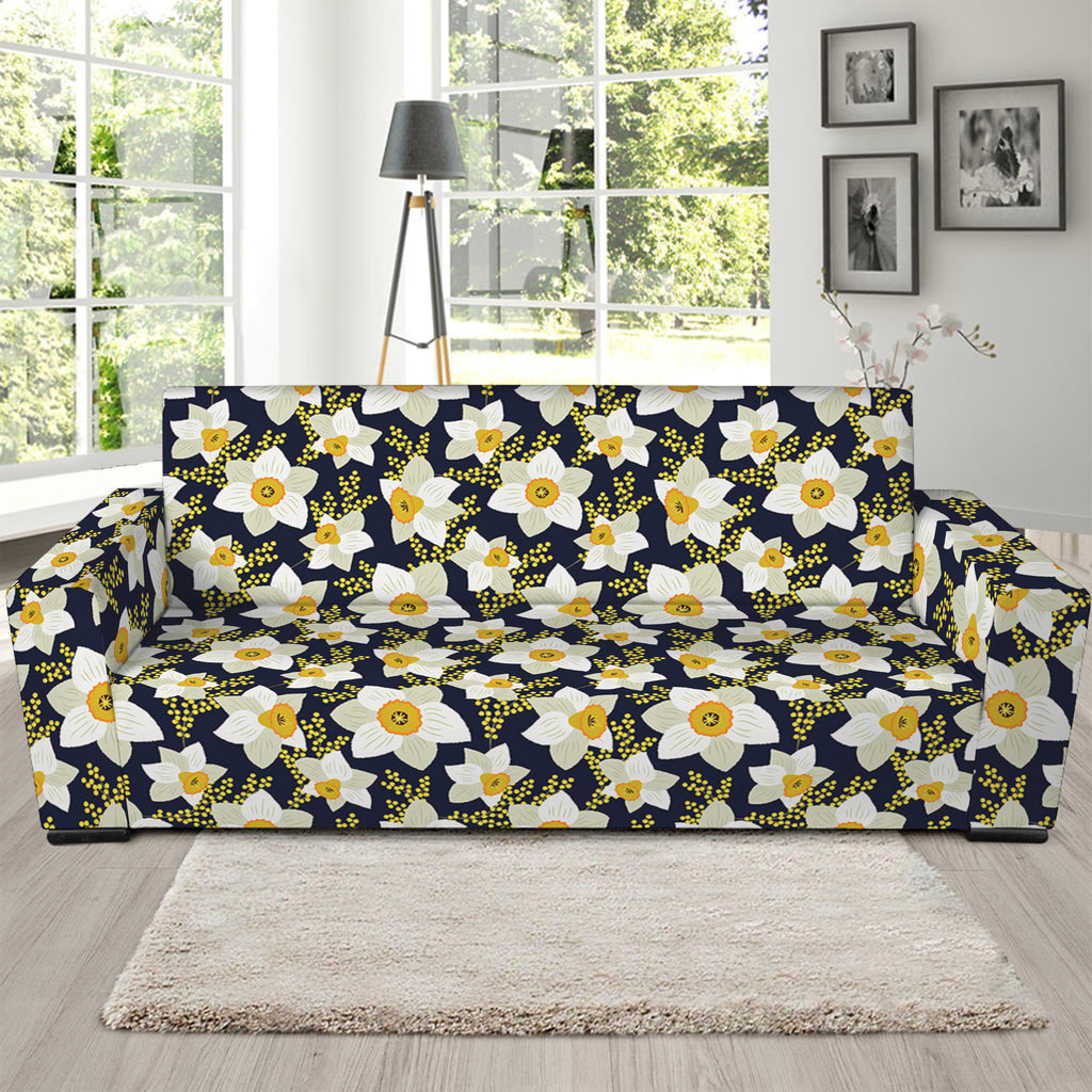 White Daffodil Flower Pattern Print Sofa Slipcover
