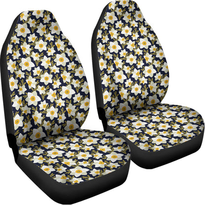 White Daffodil Flower Pattern Print Universal Fit Car Seat Covers