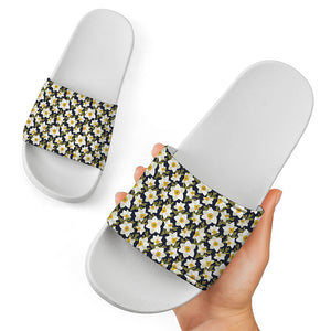 White Daffodil Flower Pattern Print White Slide Sandals