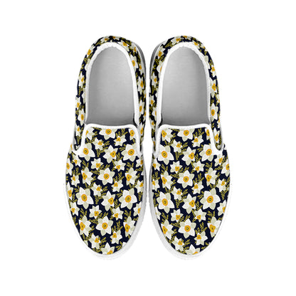 White Daffodil Flower Pattern Print White Slip On Shoes