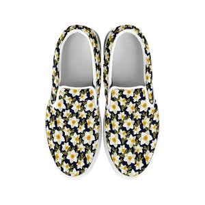 White Daffodil Flower Pattern Print White Slip On Shoes