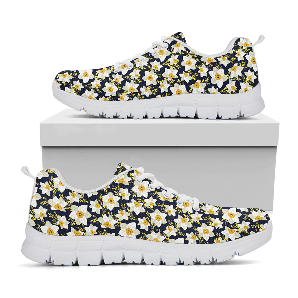 White Daffodil Flower Pattern Print White Sneakers