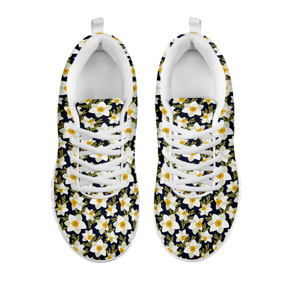 White Daffodil Flower Pattern Print White Sneakers