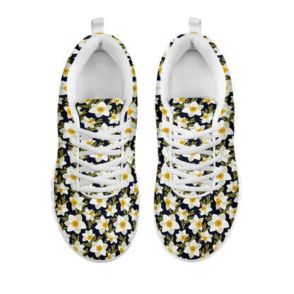 White Daffodil Flower Pattern Print White Sneakers