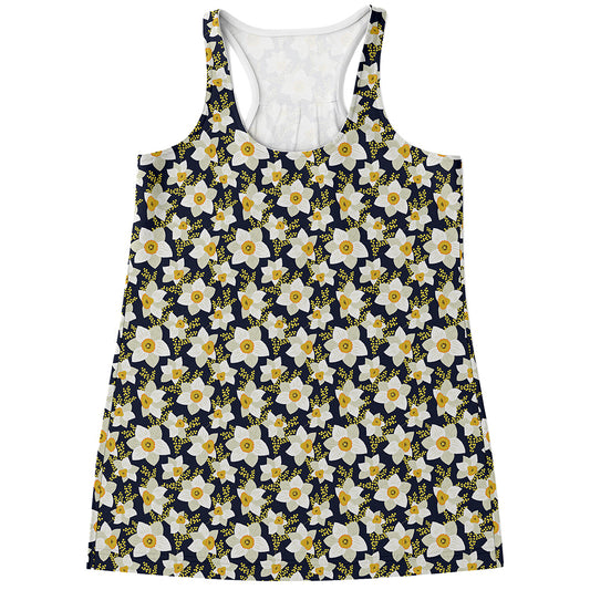 White Daffodil Flower Pattern Print Women's Racerback Tank Top
