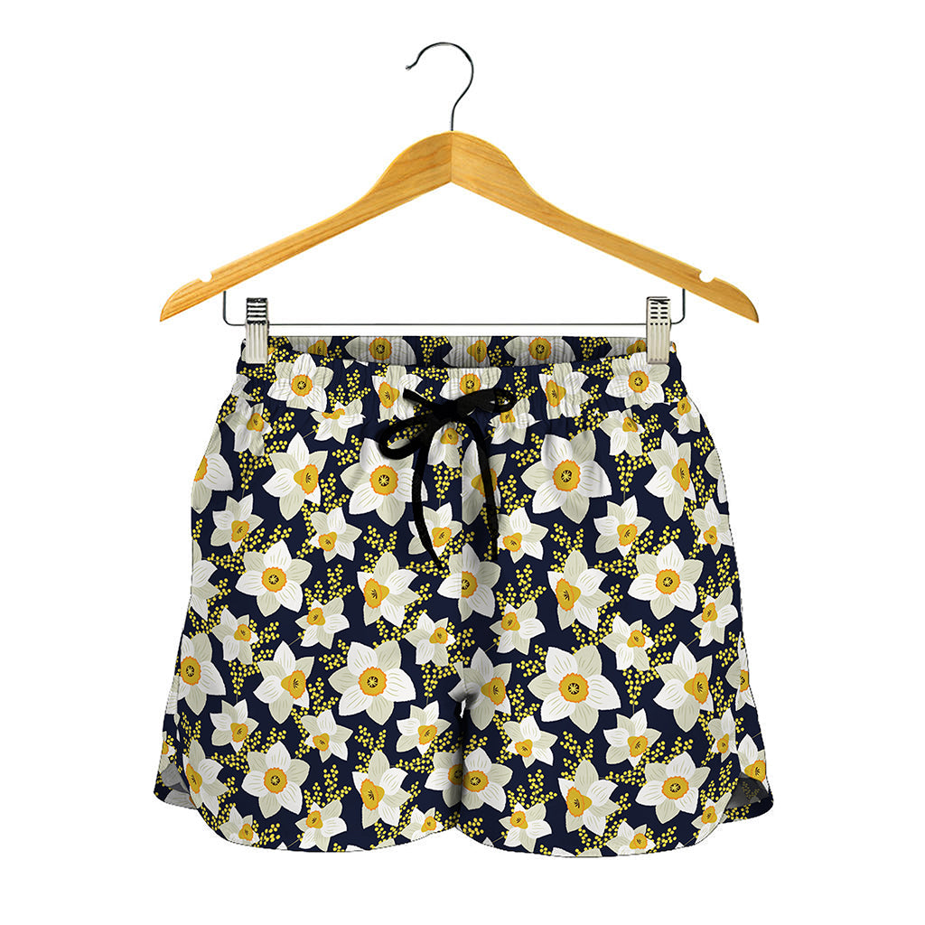 White Daffodil Flower Pattern Print Women's Shorts