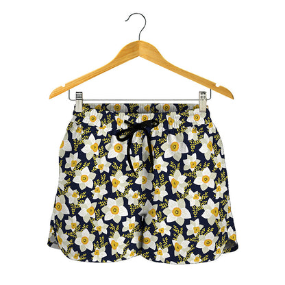 White Daffodil Flower Pattern Print Women's Shorts