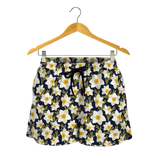 White Daffodil Flower Pattern Print Women's Shorts