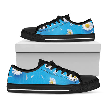 White Daisy Flower Print Black Low Top Shoes