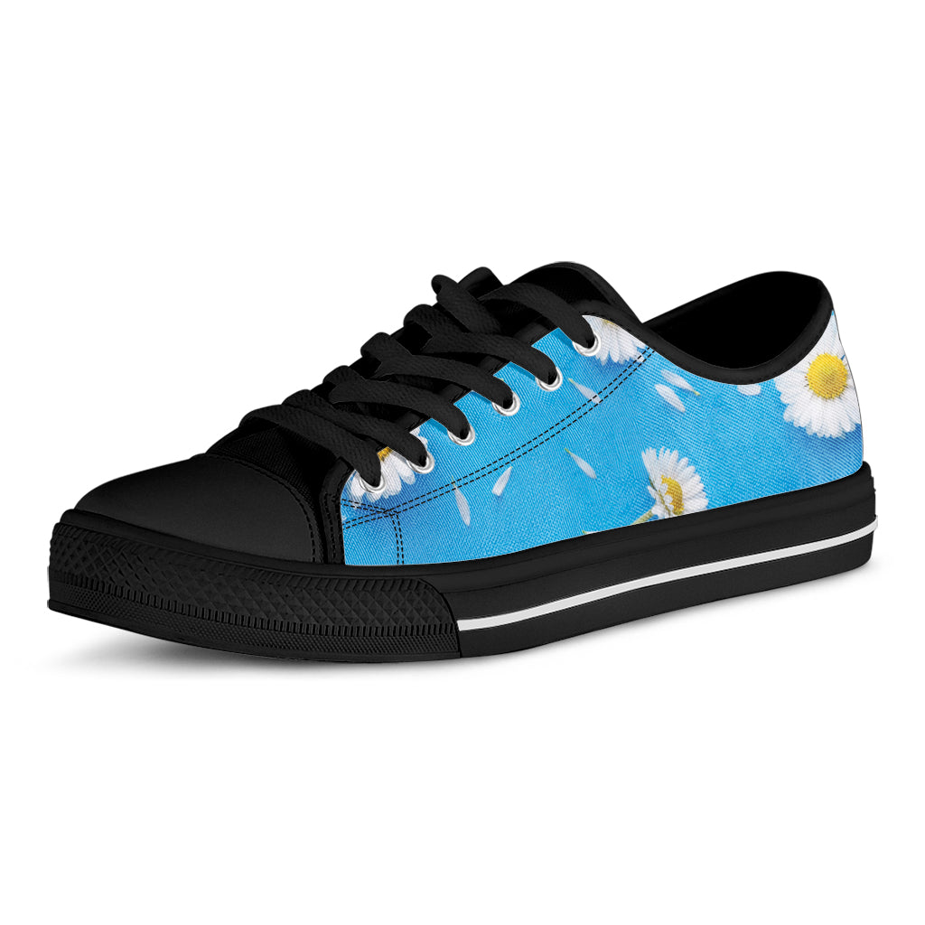 White Daisy Flower Print Black Low Top Shoes