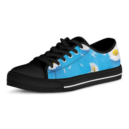 White Daisy Flower Print Black Low Top Shoes