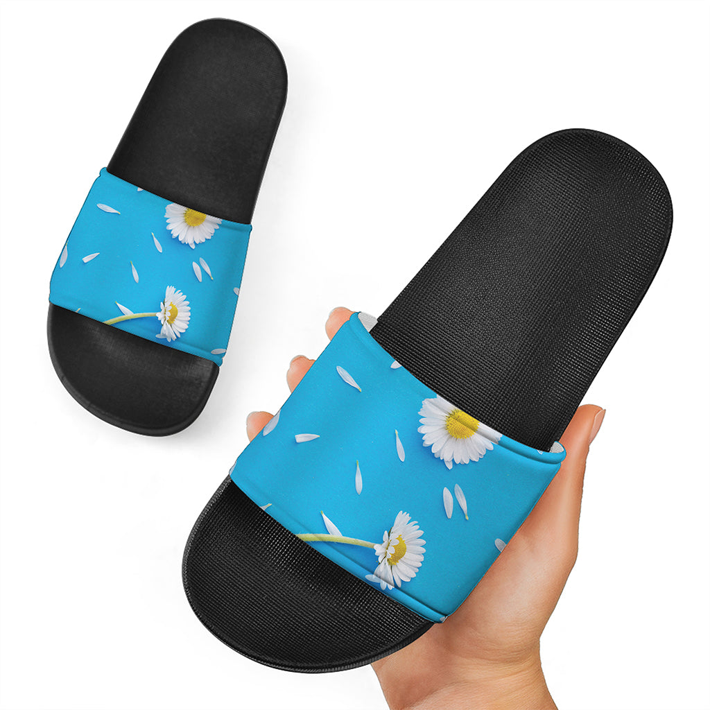 White Daisy Flower Print Black Slide Sandals