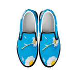 White Daisy Flower Print Black Slip On Shoes