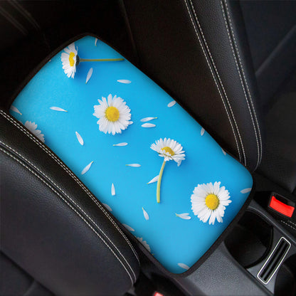 White Daisy Flower Print Car Center Console Cover