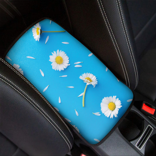 White Daisy Flower Print Car Center Console Cover