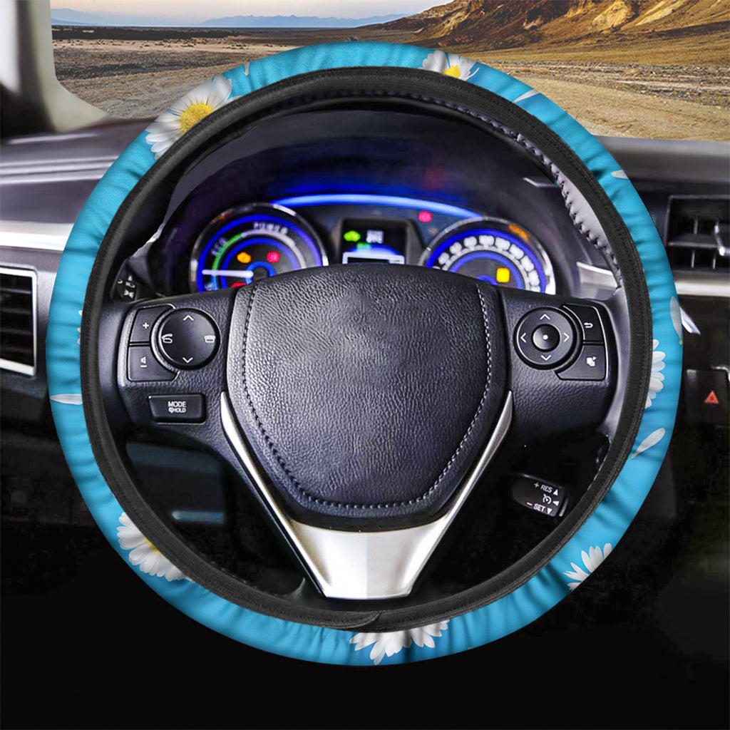 White Daisy Flower Print Car Steering Wheel Cover