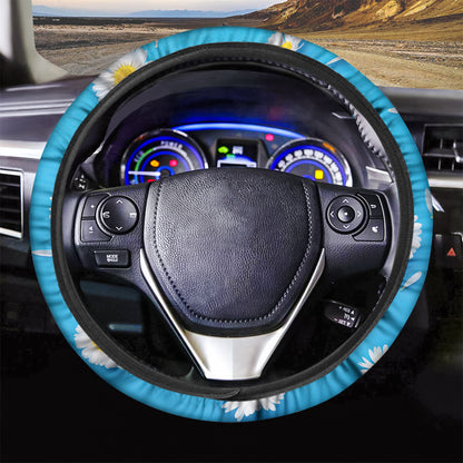 White Daisy Flower Print Car Steering Wheel Cover