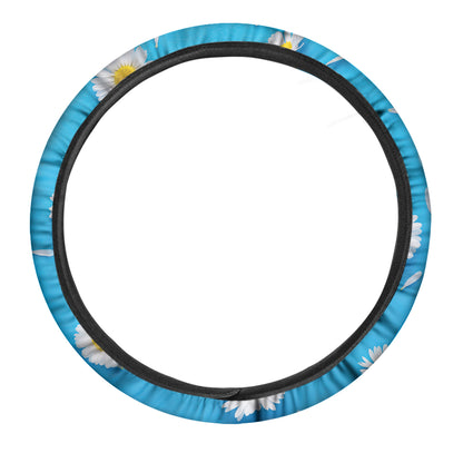 White Daisy Flower Print Car Steering Wheel Cover