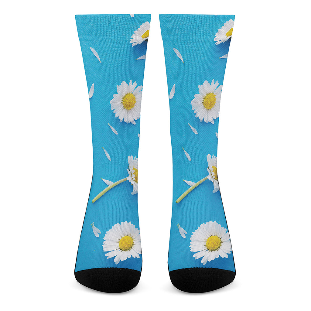 White Daisy Flower Print Crew Socks