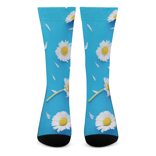 White Daisy Flower Print Crew Socks