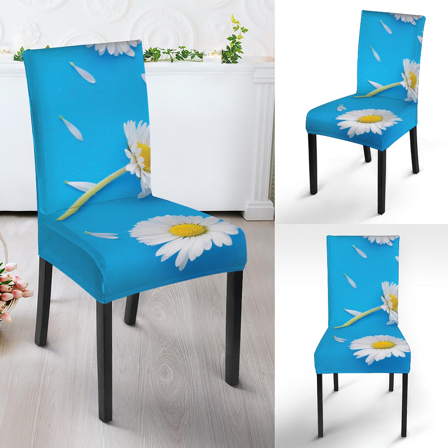 White Daisy Flower Print Dining Chair Slipcover