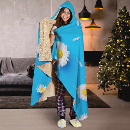 White Daisy Flower Print Hooded Blanket