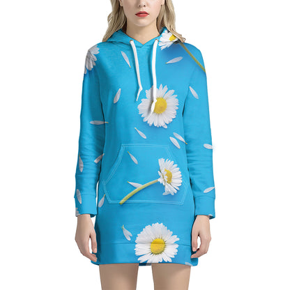White Daisy Flower Print Hoodie Dress