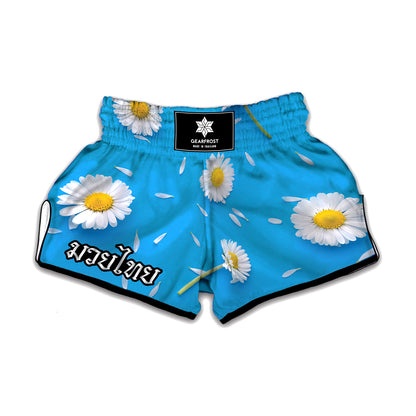 White Daisy Flower Print Muay Thai Boxing Shorts