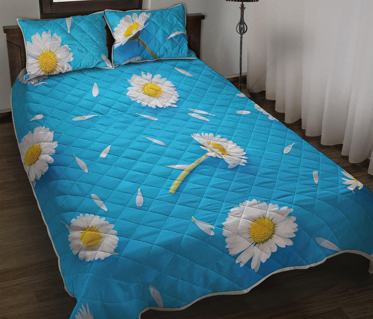 White Daisy Flower Print Quilt Bed Set