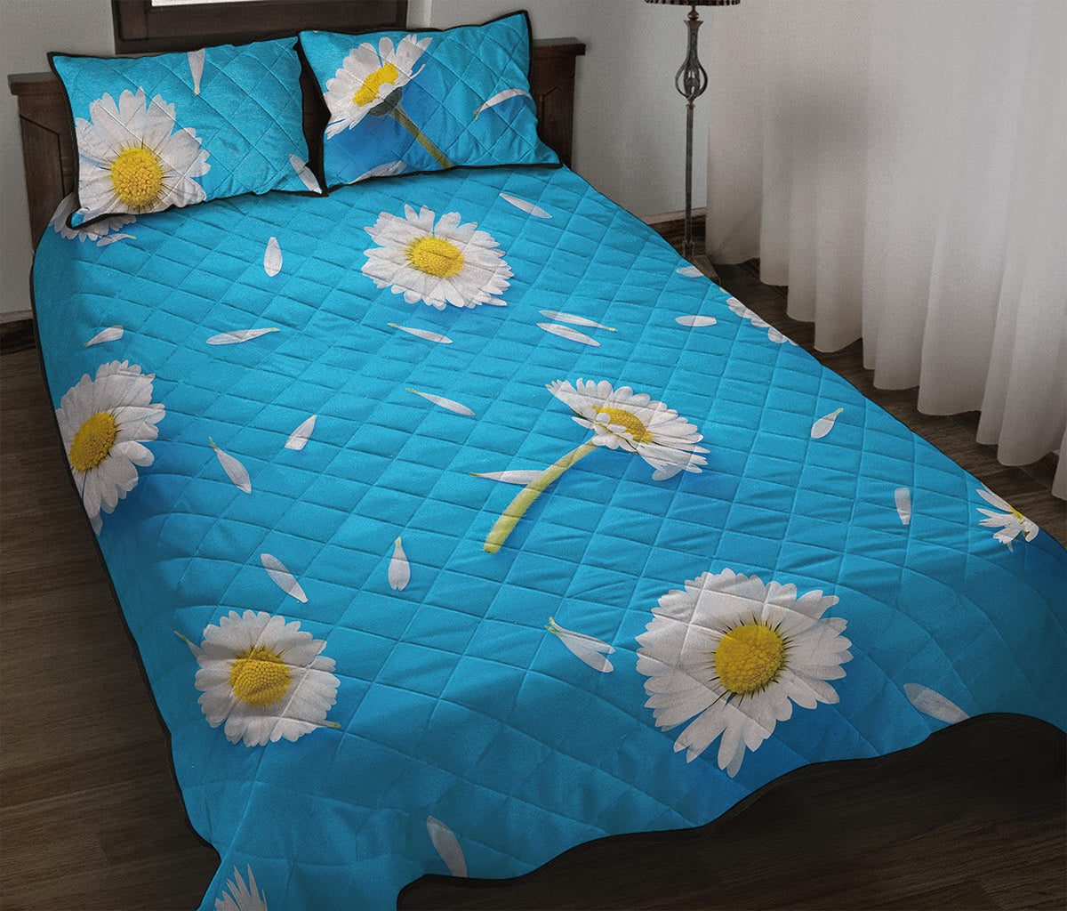White Daisy Flower Print Quilt Bed Set