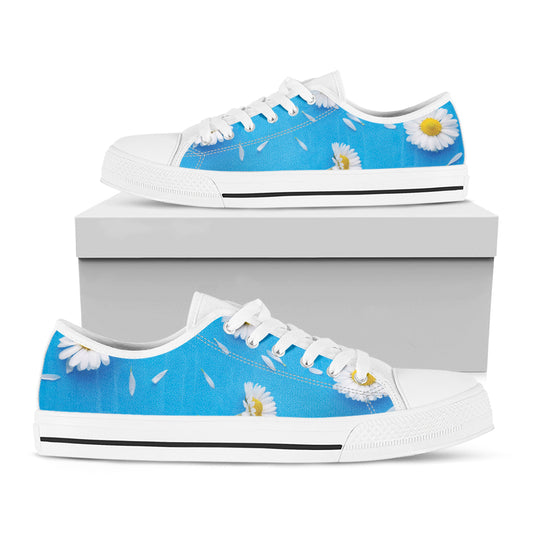 White Daisy Flower Print White Low Top Shoes