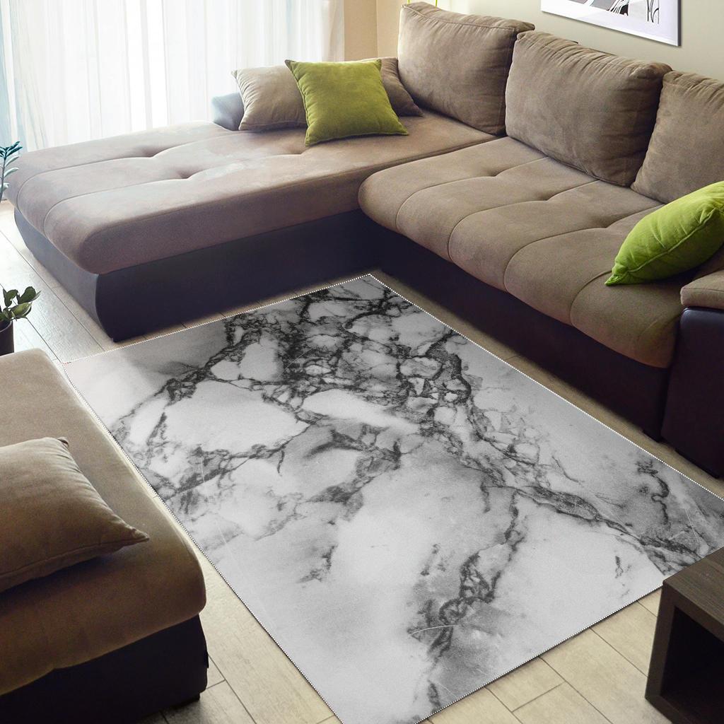 White Dark Grey Marble Print Area Rug GearFrost