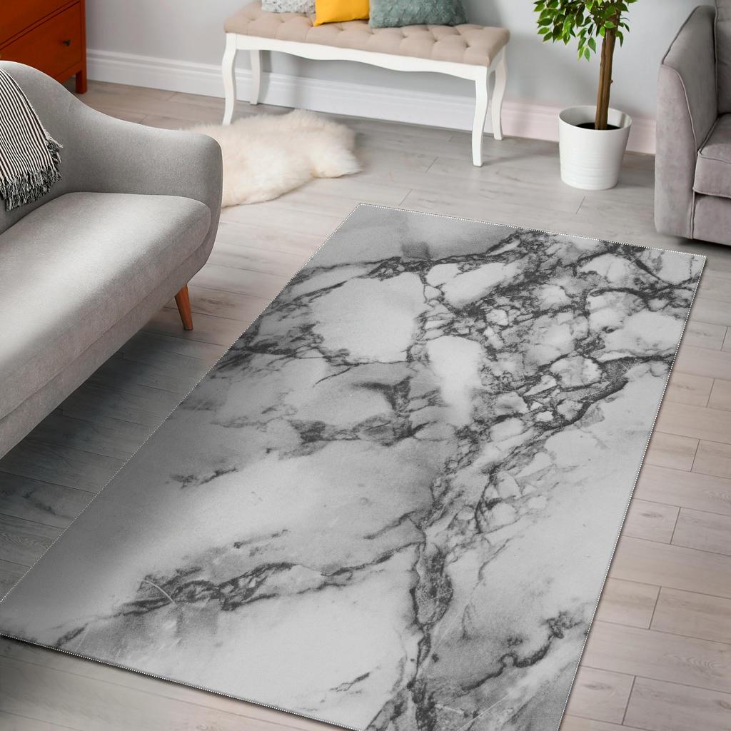 White Dark Grey Marble Print Area Rug GearFrost