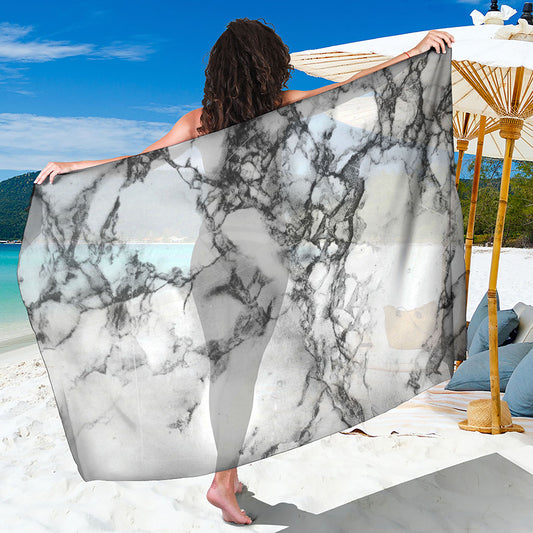 White Dark Grey Marble Print Beach Sarong Wrap