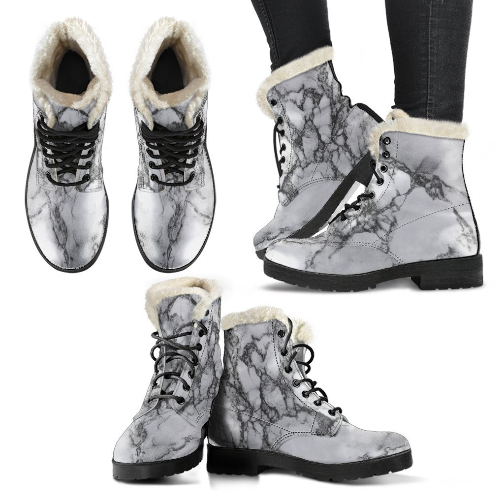 White Dark Grey Marble Print Comfy Boots GearFrost