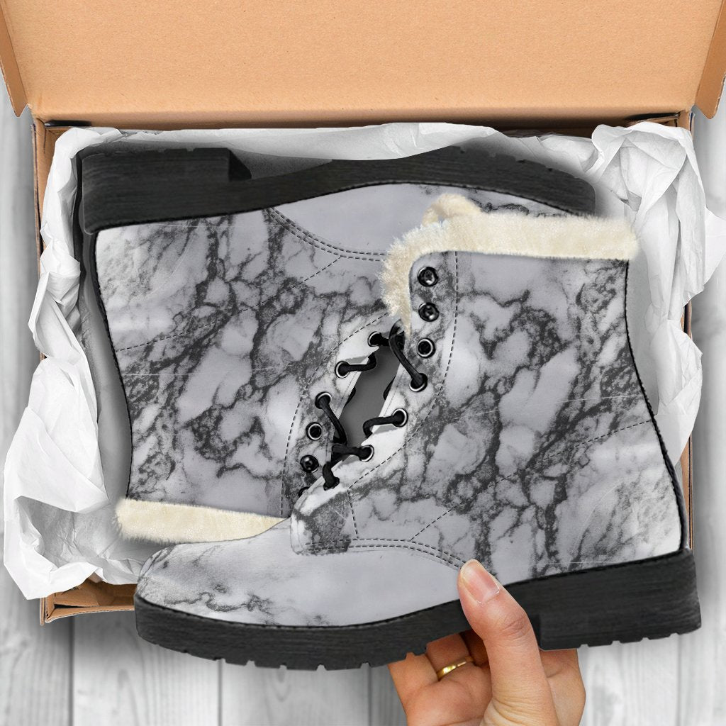 White Dark Grey Marble Print Comfy Boots GearFrost