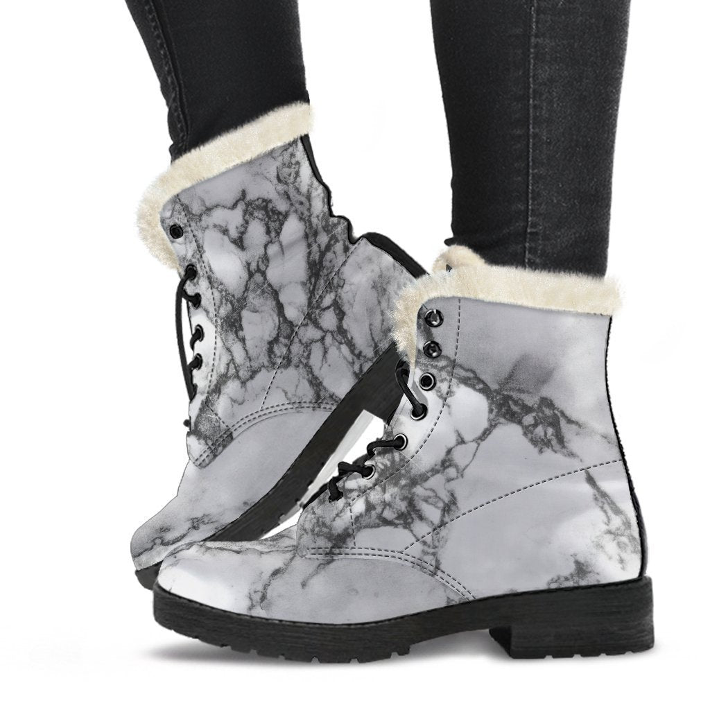 White Dark Grey Marble Print Comfy Boots GearFrost