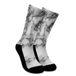 White Dark Grey Marble Print Crew Socks